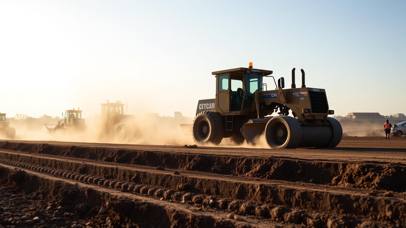 Motor grader shaping a building pad on a North Texas jobsite