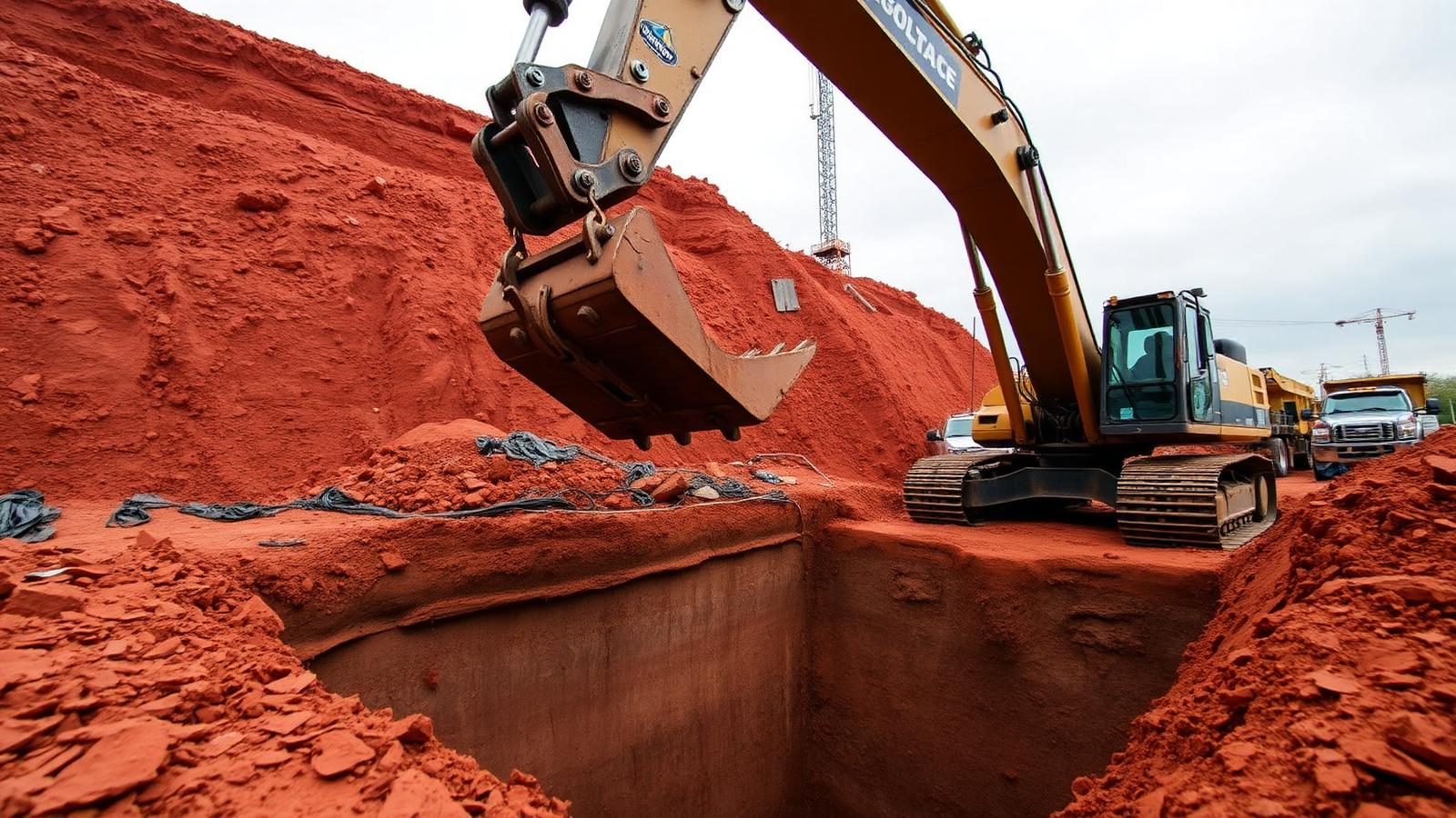 Excavator digging a foundation on a Dallas construction site