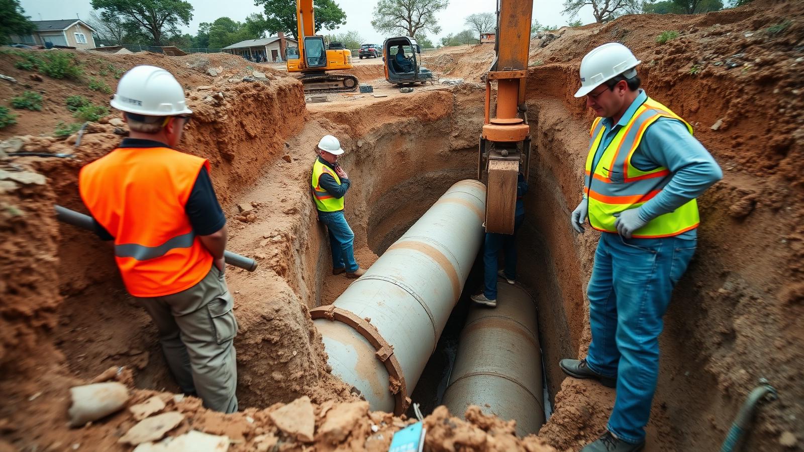 Crew installing large underground sewer pipe in an open trench